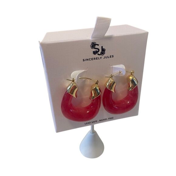 Sincerely Jules Hot Pink Semi-Translucent Hoop Earrings w/Gold Hardware. - Picture 2 of 7